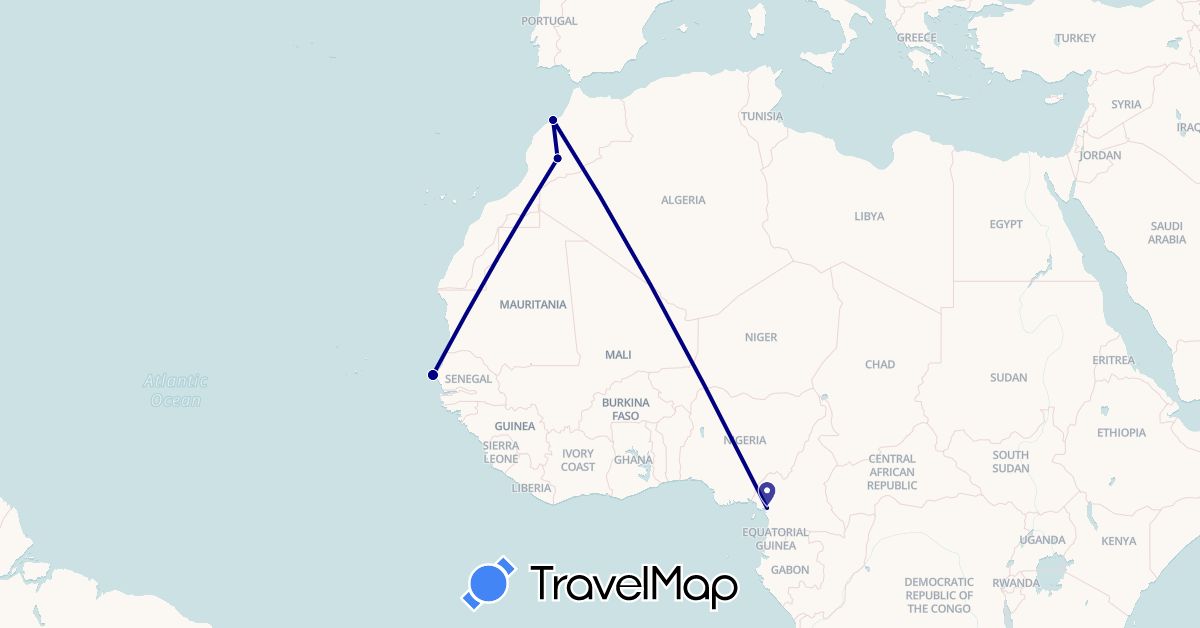 TravelMap itinerary: driving in Cameroon, Morocco, Senegal (Africa)